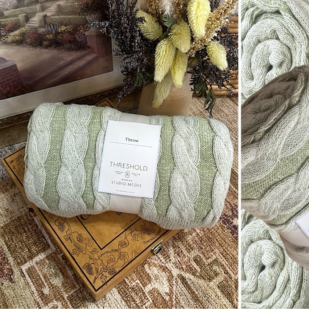 New Threshold Twisted Cable Knit Throw Blanket Green Cream Studio McGee 50x60”